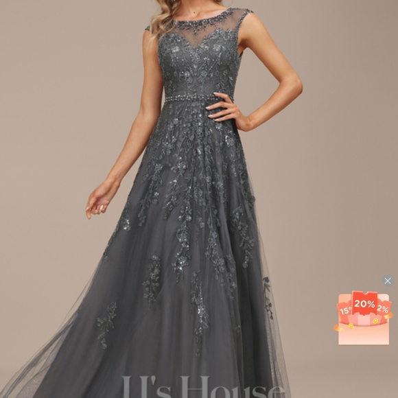 A Line Scoop Illusion Floor Length Lace Tulle Evening Dress with Beading Sequins - Picture 1 of 6